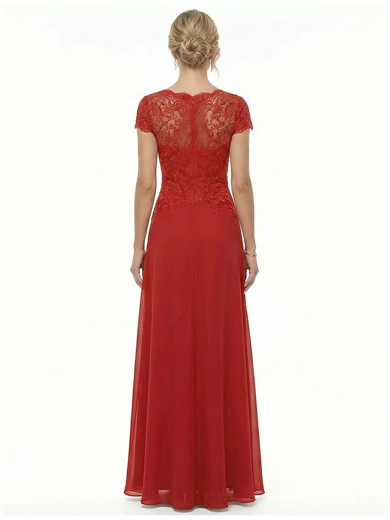 Elegant Lace Short Sleeves Chiffon A-Line Long Mother of The Bride Dresses