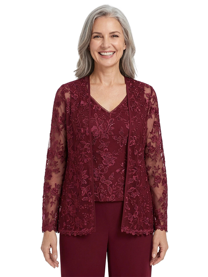 ChicSew V-Neck Long Sleeve Lace Bodice Pantsuits For Mother Of The Bride