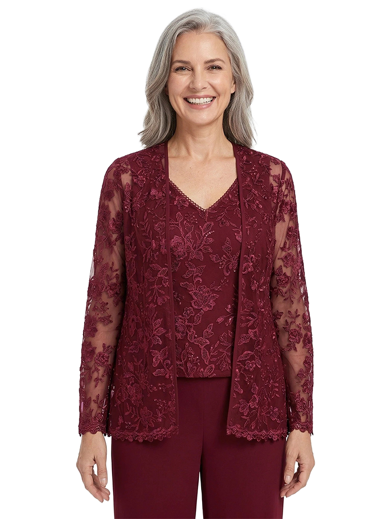 ChicSew V-Neck Long Sleeve Lace Bodice Pantsuits For Mother Of The Bride