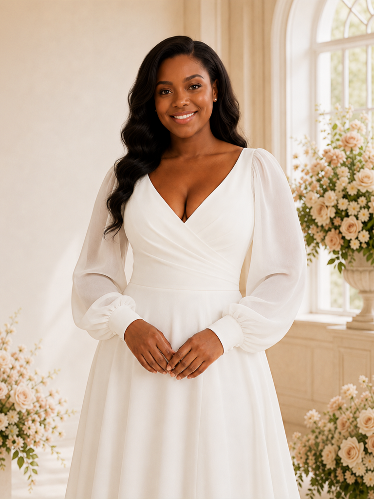 ChicSew Elegant A-Line V-Neck Long Sleeves Ruching Chiffon A-Line Maxi Wedding Dress