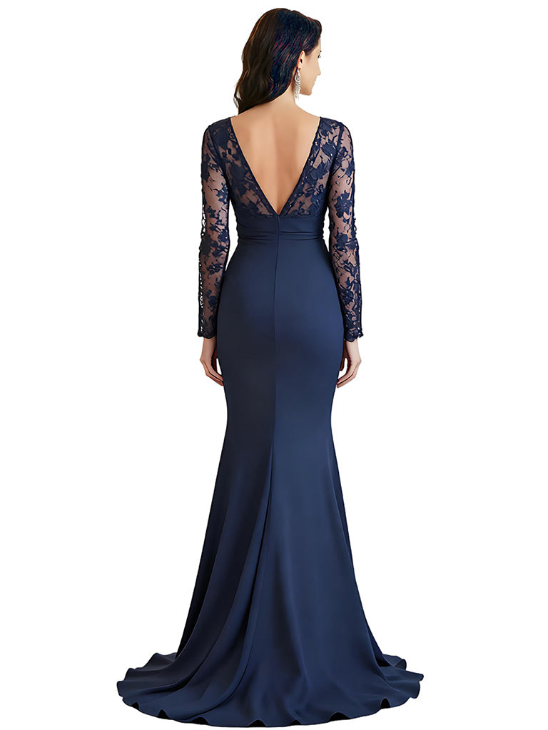 Elegant V-neck Long Sleeves Mermaid Slit Ruffles Crepe Mother Of The Bride Dresses