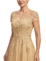 ChicSew Beautiful Cap Sleeve V-Neck Lace Applique Tulle A-Line Gown For Mother Of The Groom