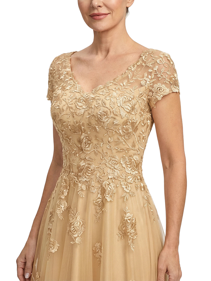 ChicSew Beautiful Cap Sleeve V-Neck Lace Applique Tulle A-Line Gown For Mother Of The Groom