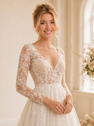 ChicSew Romantic Pretty A-Line Lace Tulle V-Neck Long Sleeves Floor-Length Wedding Dresses