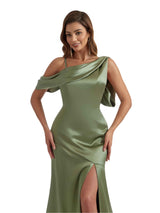 Elegant Asymmetric One Shoulder Mermaid Satin Long Bridesmaid Dresses Online Side Split