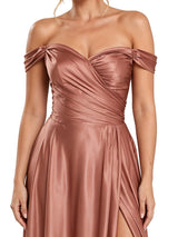 Chicsew Sexy Off Shoulder A-Line Satin Unique Long Bridesmaid Dresses