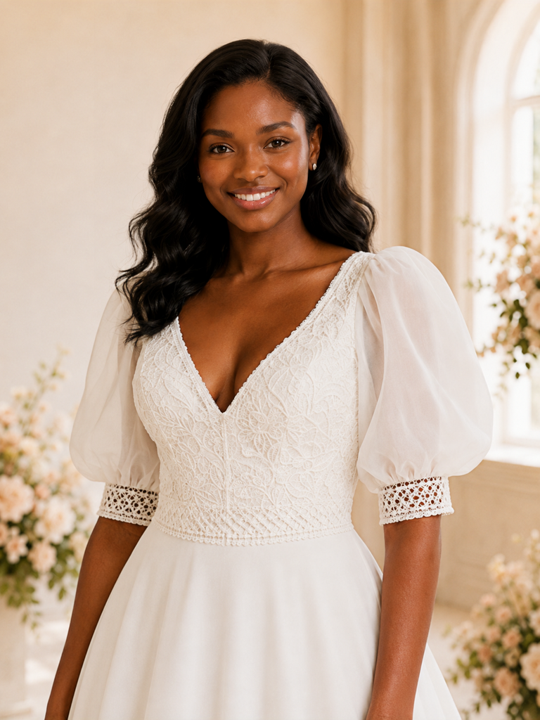 ChicSew Elegant V-Neck Short Sleeves Chiffon Maxi Wedding Dress With Lace Appliques