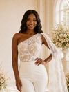 ChicSew Modern Unique One Shoulder Crepe Tea-Length Wedding Jumpsuit With Lace Applique Drape