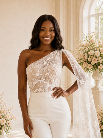 ChicSew Modern Unique One Shoulder Crepe Tea-Length Wedding Jumpsuit With Lace Applique Drape