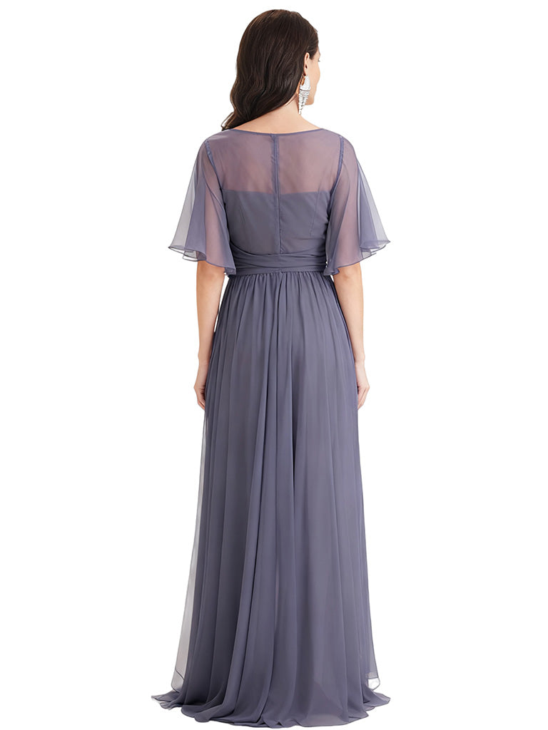 Elegant A-line Scoop Chiffon Flutter Sleeves Long Mother of the Brides Dresses