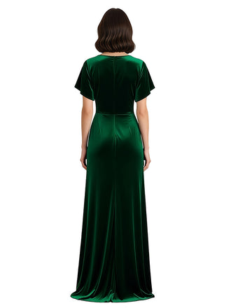 Elegant Jewel Short Sleeves Side Slit A-line Velvet Long Mother of The Dresses