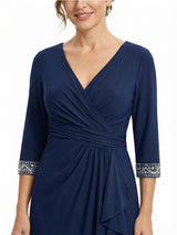 Fancy V-Neck 3/4 Sleeves A-line Mother Of The Bride Gown With Sequin Cuffs