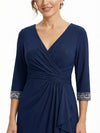 Fancy V-Neck 3/4 Sleeves A-line Mother Of The Bride Gown With Sequin Cuffs