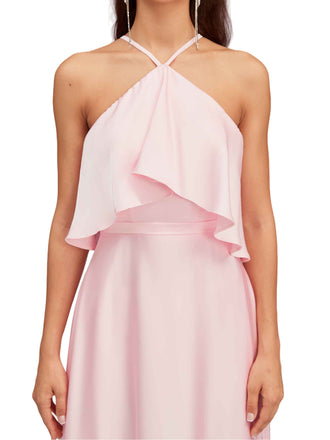 Elegant Halter Spaghetti Straps Soft Satin A-Line Long Bridesmaid Dresses