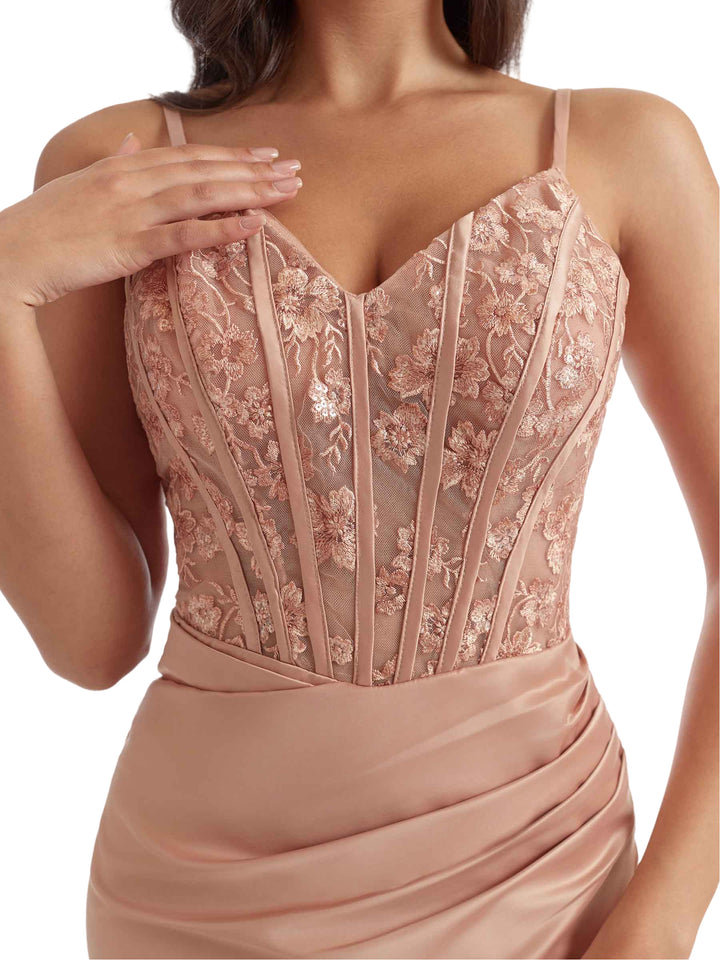 Elegant Mermaid Lace Applique Side Slit Satin Long Bridesmaid Dresses Spaghetti Straps