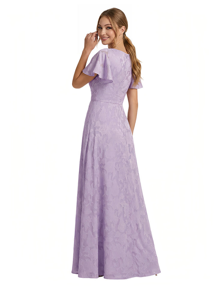 Elegant Flutter Sleeves Scoop Floral Burnout Chiffon A-Line Long Formal Evening Dresses