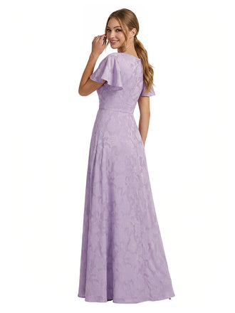 Elegant Flutter Sleeves Scoop Floral Burnout Chiffon A-Line Long Formal Evening Dresses