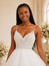 ChicSew Fancy Spaghetti Straps Lace Applique Ruffled Tulle A-Line Maxi Long Wedding Dress