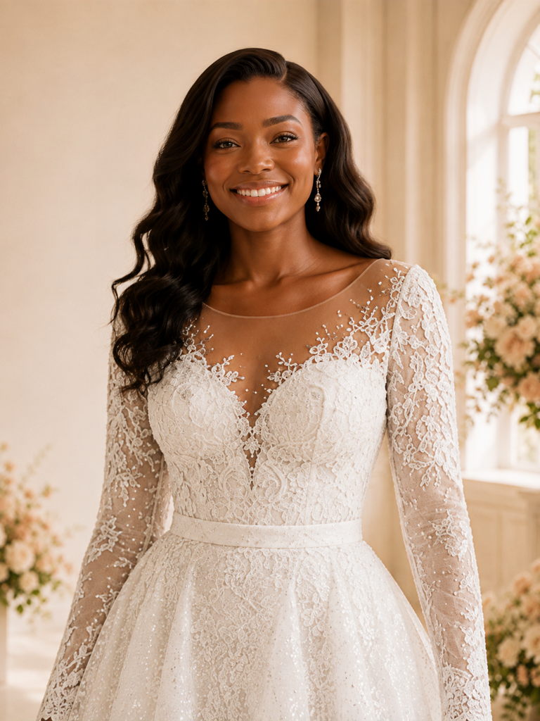 ChicSew Elegant Illusion Long Sleeves Lace Appliques Glitter Tulle Maxi Wedding Dress
