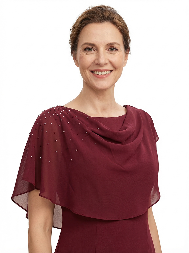 ChicSew Unique Cowl Neck Tea Length Chiffon Mother Of The Bride Dresses Beaded Cape Sleeve
