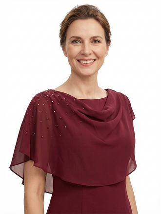 ChicSew Unique Cowl Neck Tea Length Chiffon Mother Of The Bride Dresses Beaded Cape Sleeve