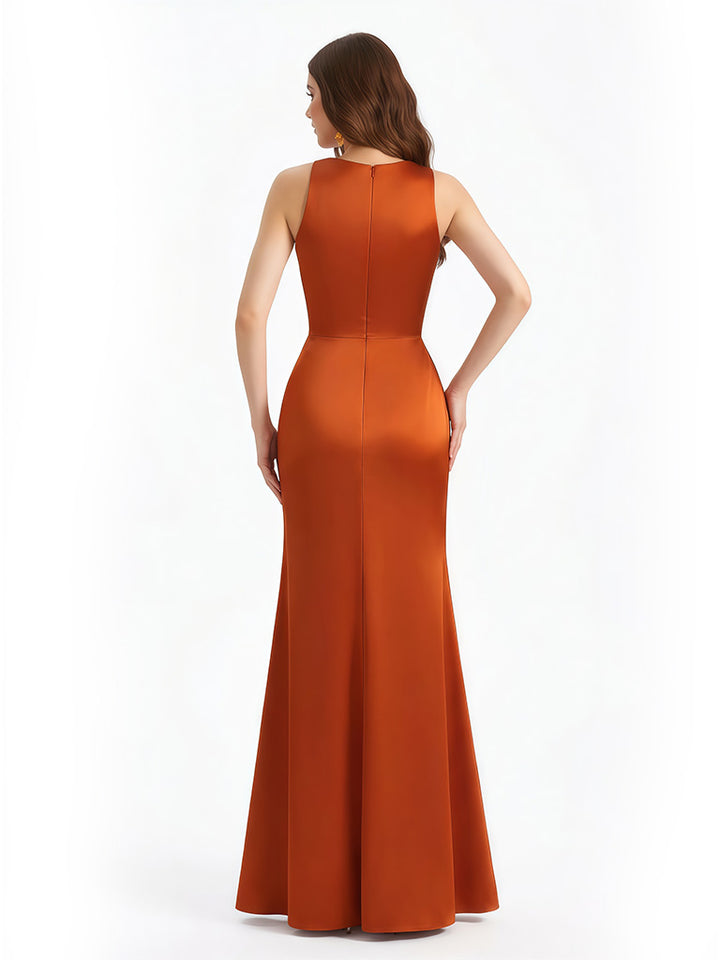 Sexy V-neck Side Slit Ruffles Mermaid Silky Satin Floor Length Evening Formal Dresses