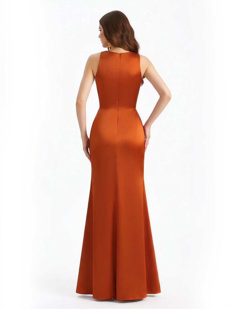 Sexy V-neck Side Slit Ruffles Mermaid Silky Satin Floor Length Evening Formal Dresses