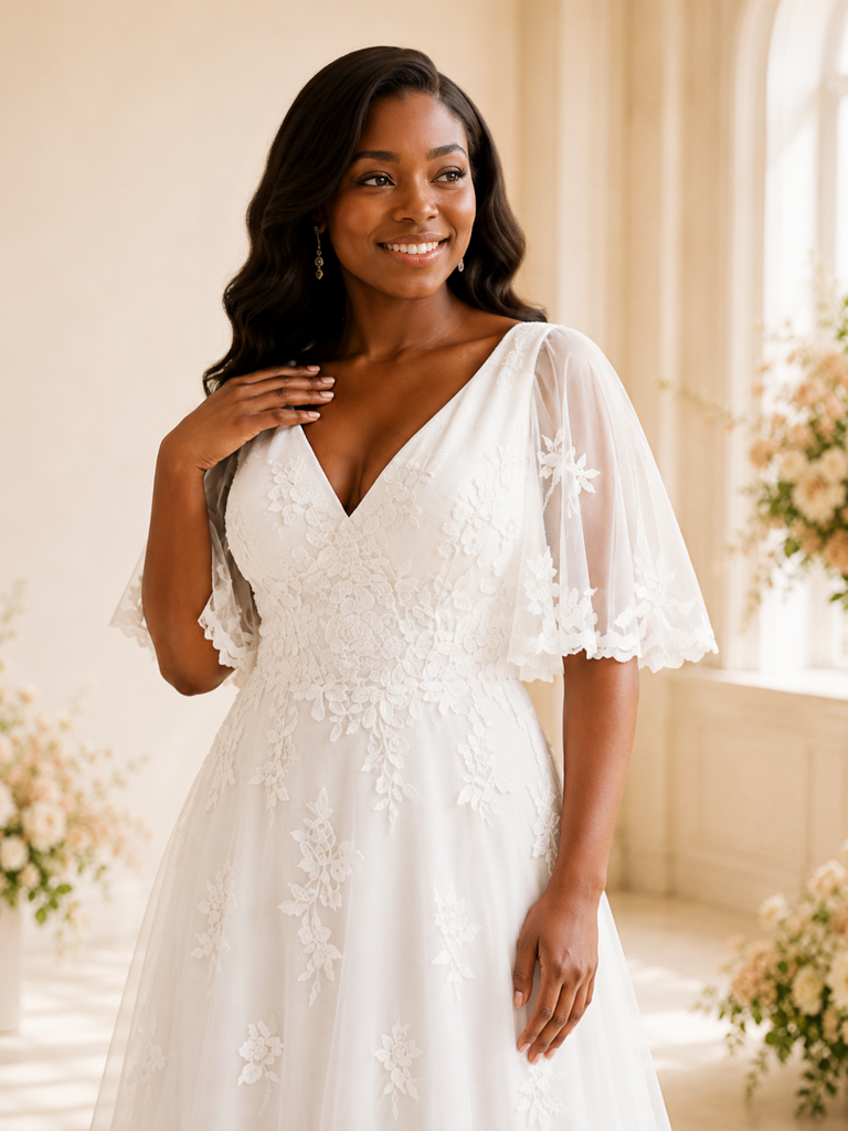ChicSew Elegant V-Neck Half Sleeves Lace Appliques Chiffon A-Line Maxi Wedding Dress