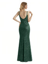 Shiny Spaghetti Straps V-Neck Mermaid Glitter Jersey Long Formal Dresses For Women