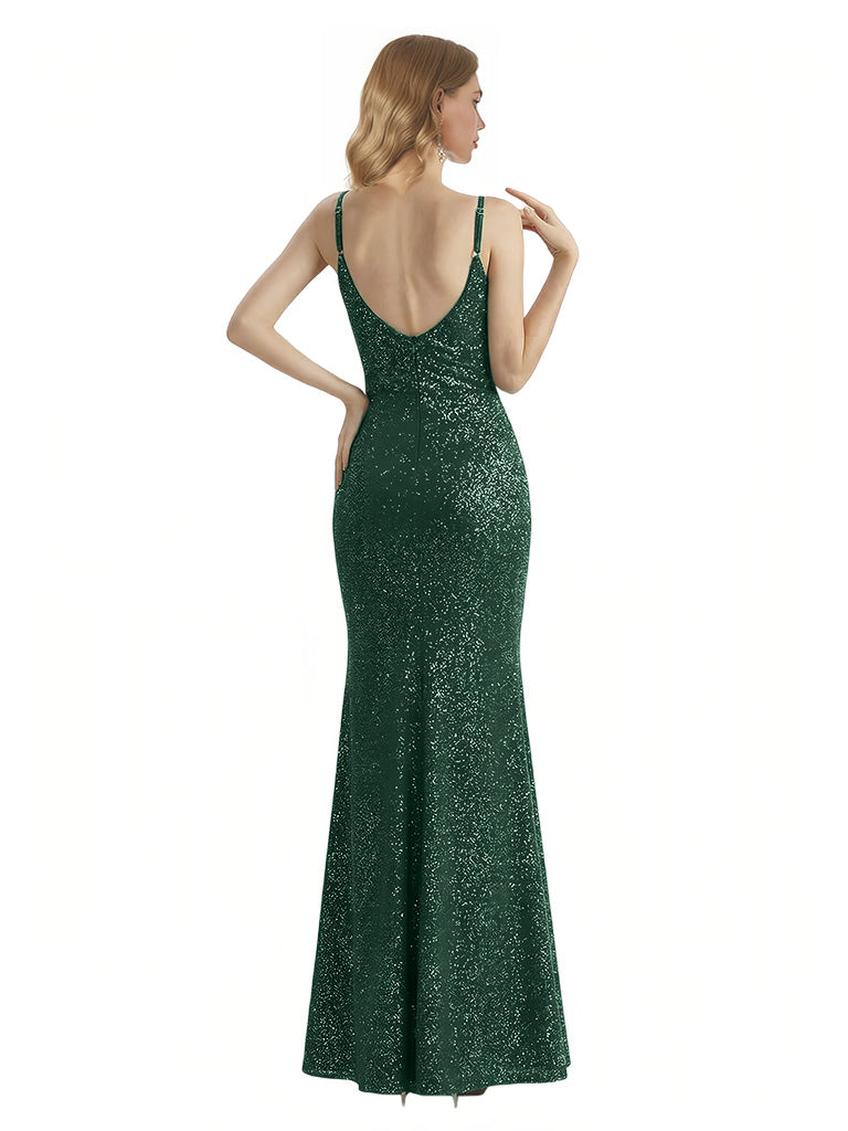 Shiny Spaghetti Straps V-Neck Mermaid Glitter Jersey Long Formal Dresses For Women