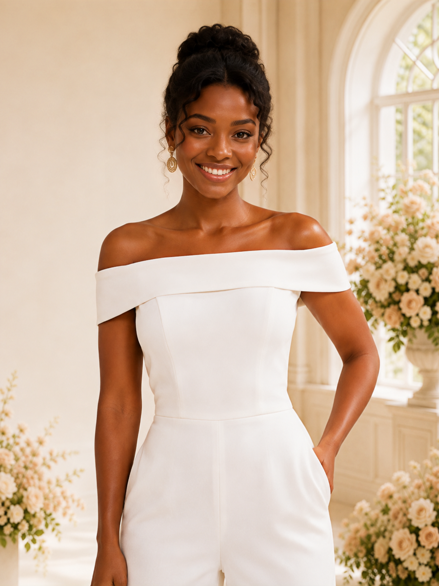 ChicSew Modern Simple Off The Shoulder Crepe Floor-Length Wedding Jumpsuit