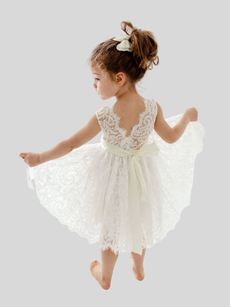 Chic White Ball Gown Flower Girl Dresses Sheer Neck Lace kid Lace Long Sleeve Toddler girls