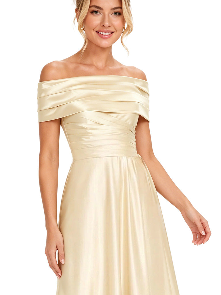 ChicSew Elegant Off Shoulder Ruching A-Line Floor-Length Satin Bridesmaid Dresses