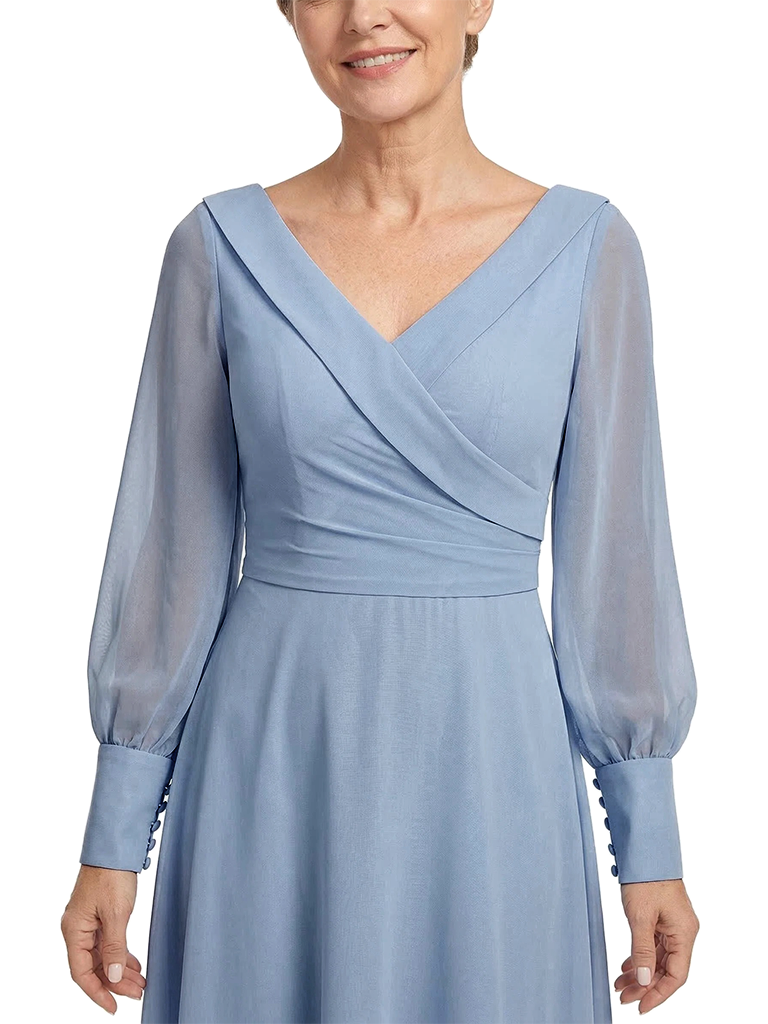 ChicSew Pretty Wrap V-Neck Mother Of The Bride Dress With Long Sleeves Chiffon Ankle-Length Gown