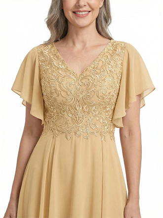 ChicSew V-Neck Short Sleeves A-Line Chiffon Lace Appliques Mother Of The Bride Dress