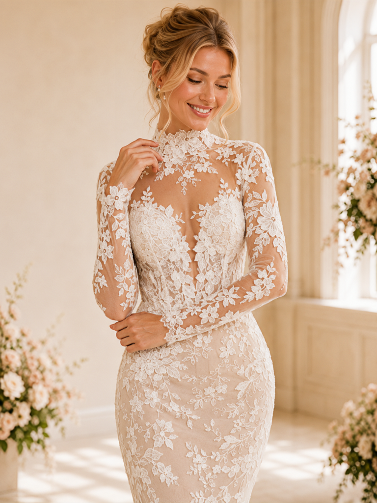 ChicSew Romantic High Neck Long Sleeves Lace Tulle Mermaid Wedding Dresses With Applique