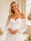 ChicSew Fancy Off The Shoulder Long Sleeves A-Line Side Slit Pleated Chiffon Long Wedding Dress