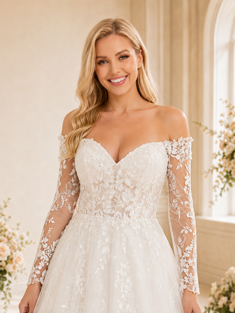 ChicSew Elegant A-Line Lace Applique Tulle Strapless Long Sleeves Maxi Wedding Dress With Long Train