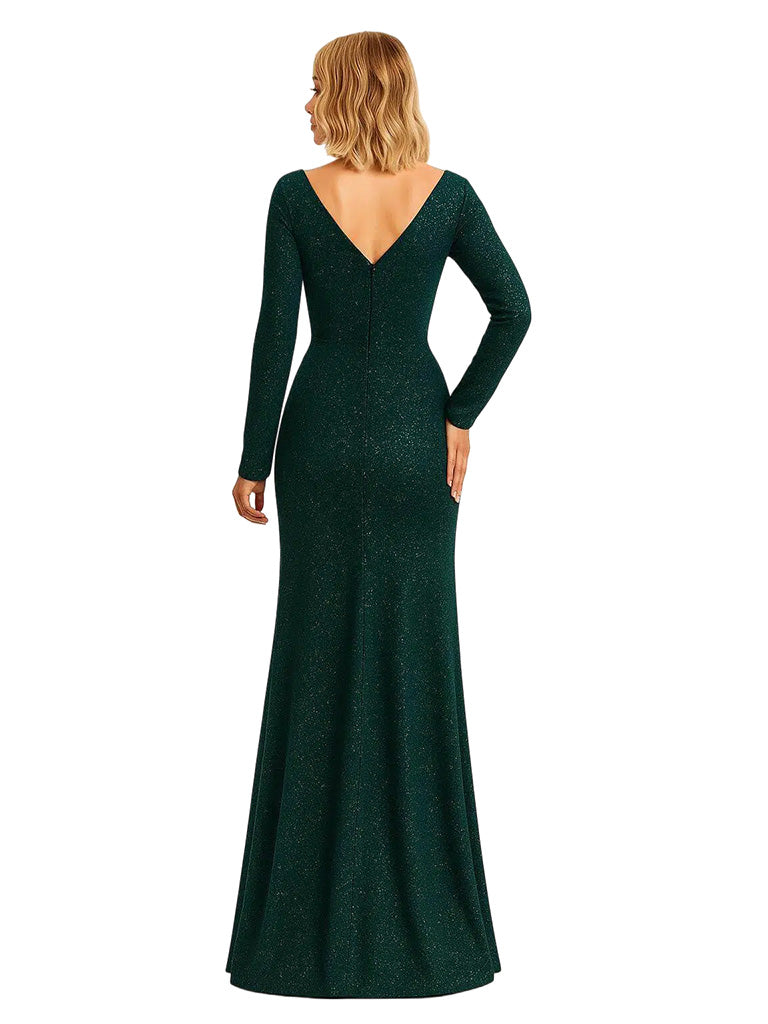 Elegant V-neck Long Sleeves Glitter Jersey Mermaid Floor Length Evening Formal Dresses