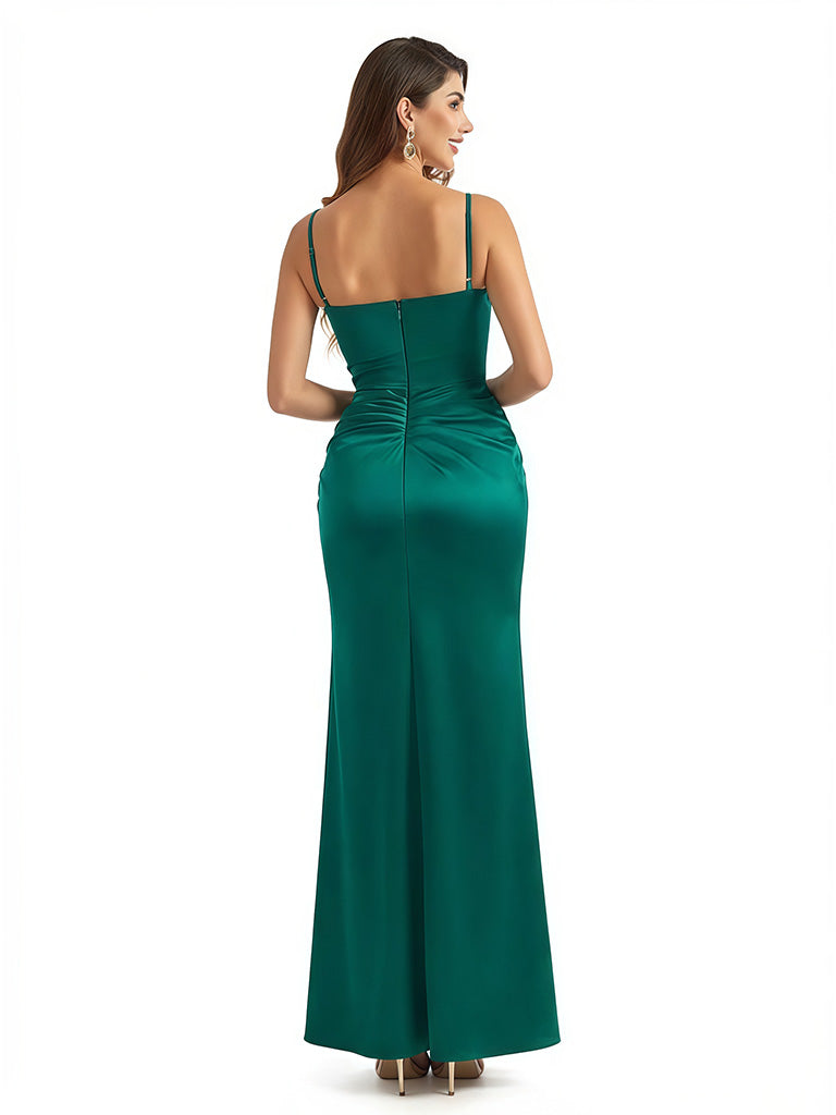 Sexy Mermaid Ruched Silky Satin Maxi Formal Evening Dresses For Women Spaghetti Straps Side Slit