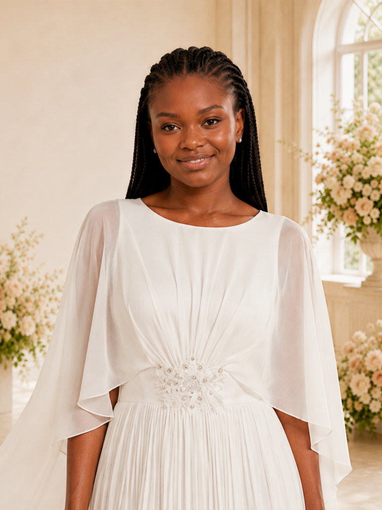 ChicSew Elegant Jewel Chiffon Pleated A-Line Floor-Length Wedding Dress With Cape Sleeve