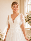 ChicSew Classy Elegant V-Neck Short Sleeves Lace Tulle A-Line Maxi Wedding Dress