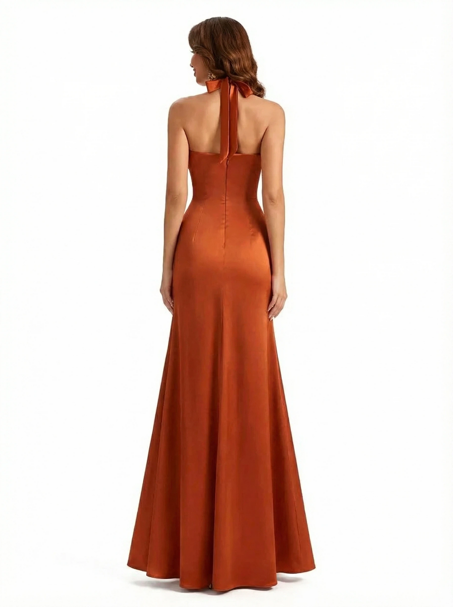 Sexy Side Slit Ruching Halter Silky Satin Mermaid Long Formal Dresses For Ladies