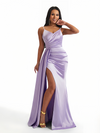 Sexy V-Neck Side Slit Mermaid Soft Satin Long Formal Dresses Spaghetti Straps