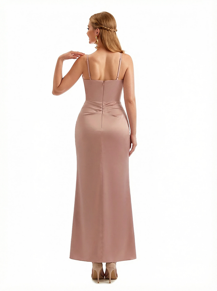 Elegant Spaghetti Straps Ruched Mermaid Soft Satin Long Formal Dresses For Women Side Slit