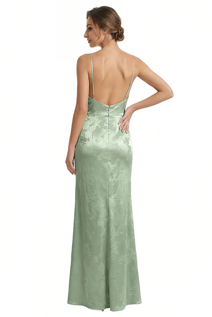 Elegant Jacquard Satin Spaghetti Straps Mermaid Side Slit Long Formal Evening Dresses