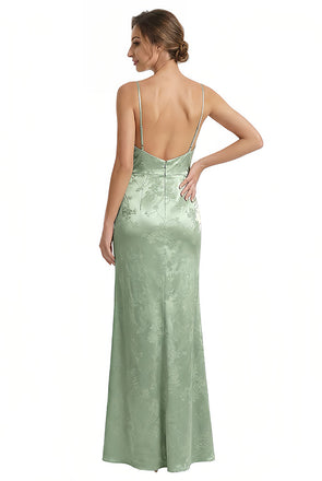 Elegant Jacquard Satin Spaghetti Straps Mermaid Side Slit Long Formal Evening Dresses