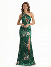Simple One Shoulder Side Slit Mermaid Floral Satin Maxi Floral Formal Dresses For Women