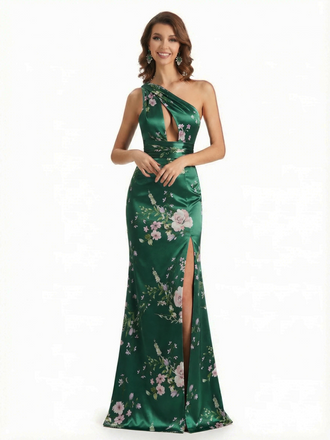 Simple One Shoulder Side Slit Mermaid Floral Satin Maxi Floral Formal Dresses For Women