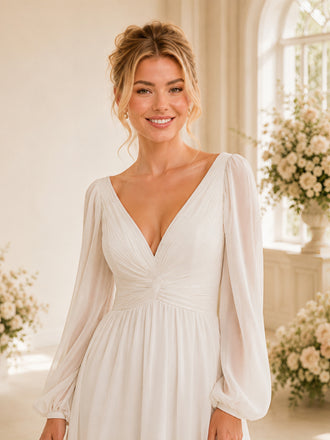 ChicSew Elegant V-Neck Long Sleeve Chiffon A-Line Open Back Foor-Length Wedding Dress